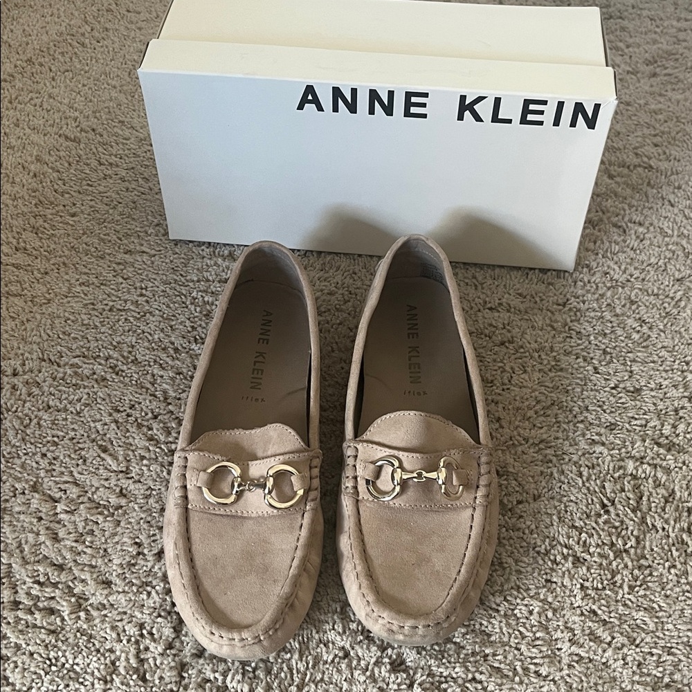 Anne Klein Tan Loafers with Gold horse bit buckle
